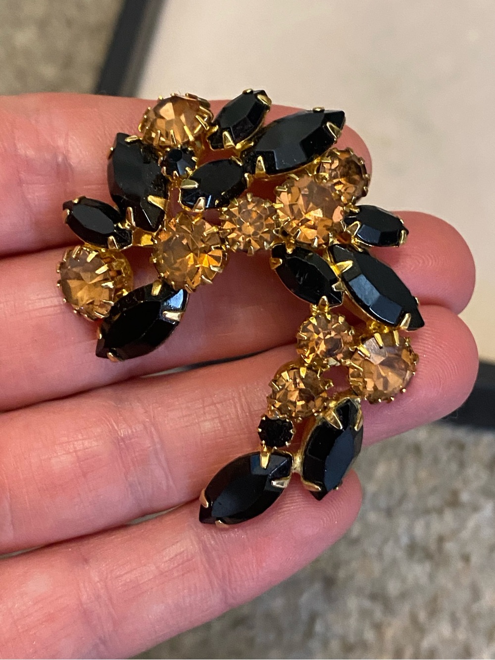 Vintage Black & Peachy Rhinestone Brooch 1960’s